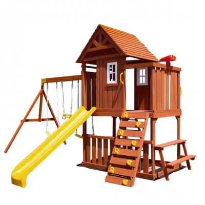 outdoor wooden kids swing and slide set together with play house